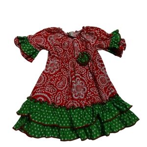 EUC Banana Red and Green Paisley Dress Ruffles Polka Dots 18 Months Christmas